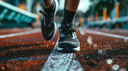 Athlete's feet on a starting block, ready to sprint, focusing on the tension and potential energy