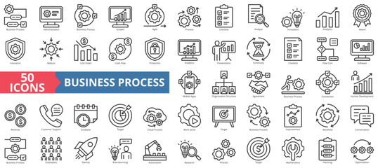 Business process icon collection set. Containing administration, growth, agile, process, checklist, analyze, innovation icon. Simple line vector.