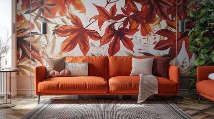 Stylish Living Room Interior with Burnt Orange Sofa and Autumn Leaf Wallpaper