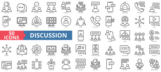 Discussion icon collection set. Containing conversation, chat, social media, phone call, social, online meeting, user icon. Simple line vector.