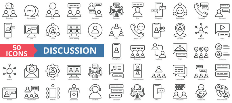 Discussion icon collection set. Containing conversation, chat, social media, phone call, social, online meeting, user icon. Simple line vector.