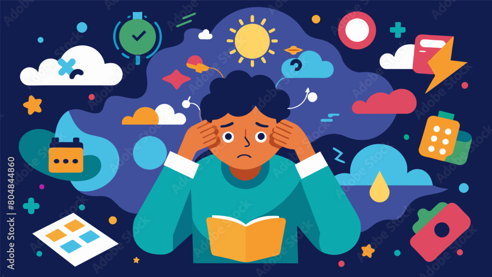 Poster a cartoon of a person trying to organize their thoughts but being overwhelmed by a flood of diverse 