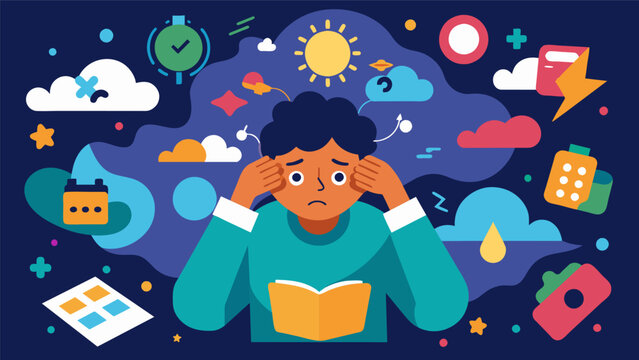 A cartoon of a person trying to organize their thoughts but being overwhelmed by a flood of diverse imagery and concepts symbolizing the difficulty of. Vector illustration