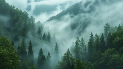 Hazy morning in the mountains, focusing on the mist as it weaves through the trees