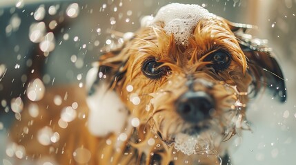 Detail of a pet dog enjoying a bath, with suds and playful splashes