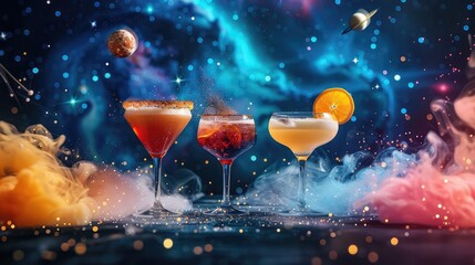 Celestial Bar Cocktails Floating in the Galaxy

