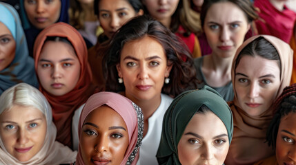 A group of women from different ethnicities and ages, all looking towards the camera with an expression that reflects unity in diversity