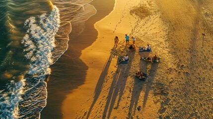 An aerial view of a group of people having a picnic on the beach, surrounded by vehicles, pollinators, insects, patterns in the landscape, woods, soil, terrestrial animals, wildlife, and beehives