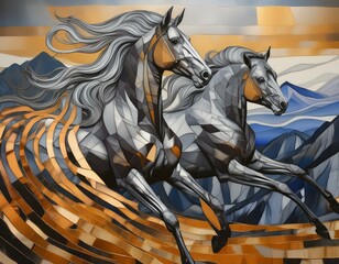 The subject of a modern painting is abstract with metal elements, texture background, animals, horses, etc.