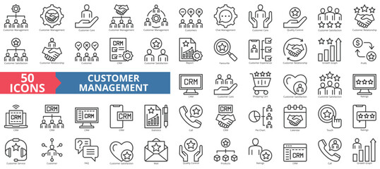Customer management icon collection set. Containing care, chat, quality control, satisfaction, relationship, crm, report icon. Simple line vector.