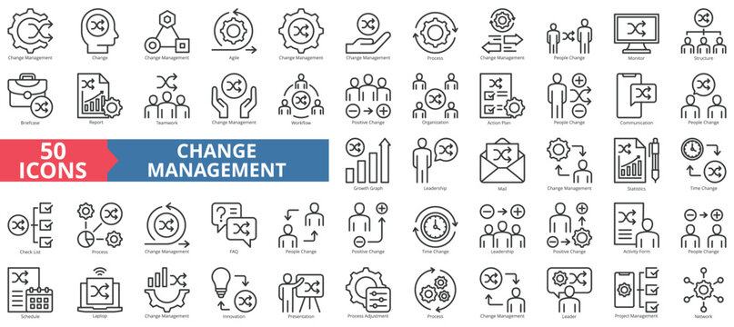 Change management icon collection set. Containing agile, process, people, monitor, structure, briefcase, report icon. Simple line vector.