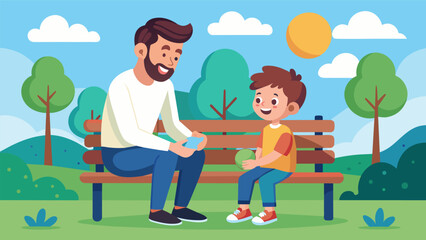 A father and young son sit on a bench in a scenic park laughing and playing games while engaging in family therapy under the guidance of a. Vector illustration