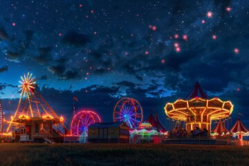 Illuminated Carnival Rides Against a Starry Night Sky in Cinematic Style