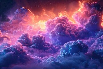 3D rendering of clouds in the style of neural network, neon colors on a dark background