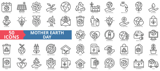 Mother earth day icon collection set. Containing solar panel, save the planet, sprout, recycle, green factory, water faucet, plant icon. Simple line vector.