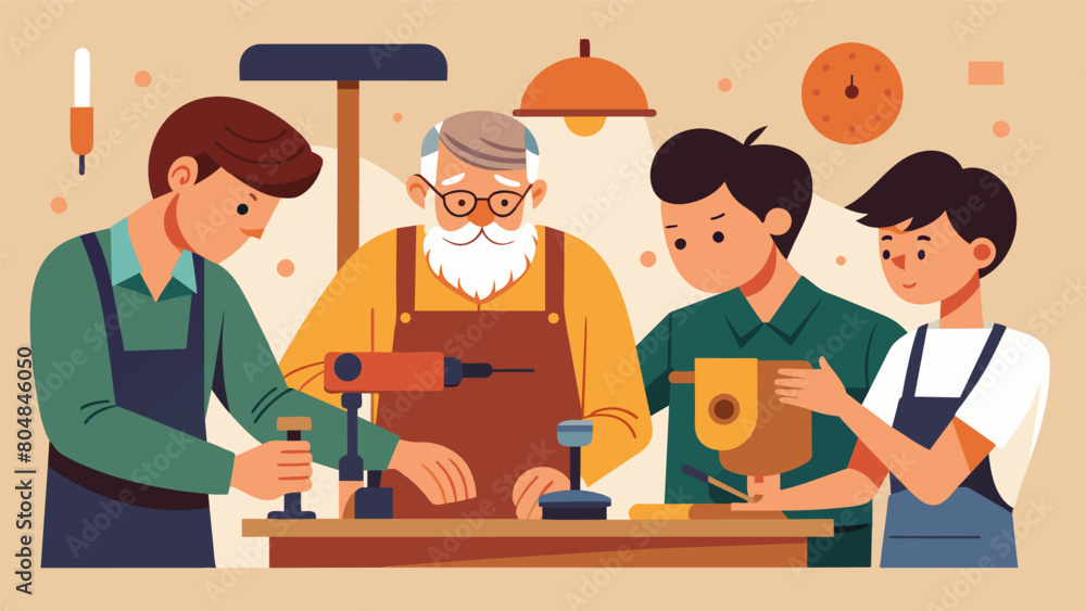 Poster The workshop was a place to learn and share the knowledge of traditional craftsmanship. A group of apprentices watched in awe as a woodworker used a. Vector illustration