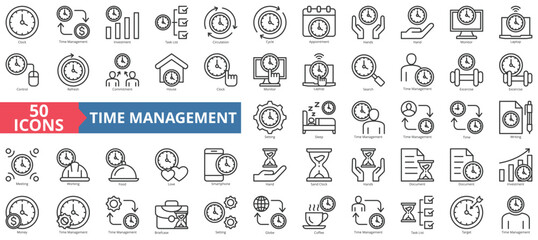 Time management icon collection set. Containing clock, sand, money, task list, target, hand, house icon. Simple line vector.