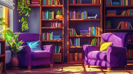 Beautiful Interior of modern living room with brown armchair and bookshelf