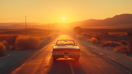 Fototapeta premium Classic Convertible Car Journey at Desert Sunset