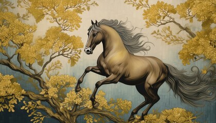 Background. Vintage illustration, horse, chinoiserie, golden brushstrokes. Textured background. Oil on canvas. Modern art. Wallpapers, posters, cards, murals, prints, wall art