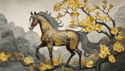 Background. Vintage illustration, horse, chinoiserie, golden brushstrokes. Textured background. Oil on canvas. Modern art. Wallpapers, posters, cards, murals, prints, wall art