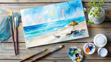 An art painting of a serene beach scene is placed on a wooden table. Brushes and paint are scattered nearby. The painting captures the beautiful sky and water AIG50