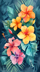 Watercolor painting of colorful flowers blooming in a beautiful summer garden.