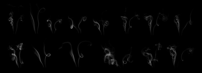 Collection set of white smoke moving on black background. Smoke clouds. Isolated abstract lines.