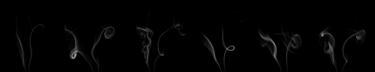 Collection set of white smoke moving on black background. Smoke clouds. Isolated abstract lines.