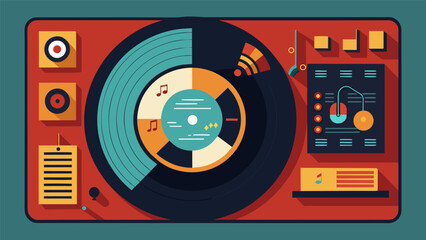 A vinyl record with a builtin digital display that shows the lyrics and artwork for each song as it plays. Vector illustration