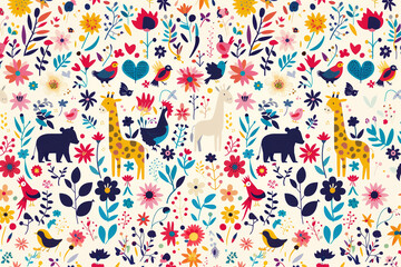 여러 동물들과 식물의 패턴 일러스트레이션