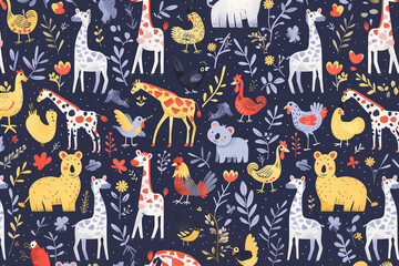 여러 동물들과 식물의 패턴 일러스트레이션