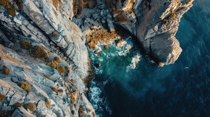 A stunning aerial view of a cliff by the ocean, where the fluid water meets the natural landscape, creating a picturesque and tranquil scene under the open sky AIG50