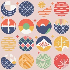 Graphic elements modern set with geometric shapes and flowing liquid patterns. Japanese graphics with Asian icons. Template for logo designs, flyers, and presentations.
