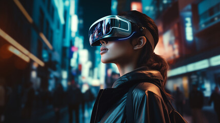 Fototapeta premium Women wearing augmented reality glasses standing in night street, photo shot