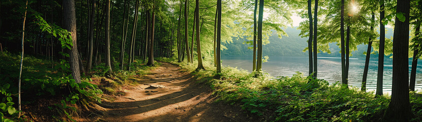 A panoramic view of a beautiful forest trail with a lake in the background.