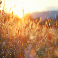 Beautiful nature background with meadow grass and sun light in the morning. Soft focus