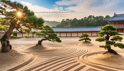 禅の世界に誘う、朝陽に照らされた日本庭園の静寂な景色 - obrazy, fototapety, plakaty