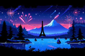 Eiffel Tower illuminated at night with fireworks.