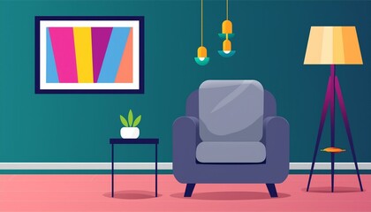 The background is a green living room with a grey decorative chair, a lamp frame in the middle of the table, and a poster style graphic.