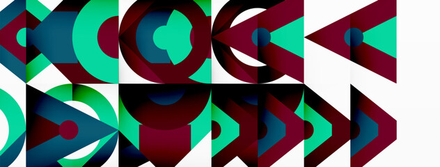An artistic geometric pattern featuring circles and arrows in green, red, and magenta colors on a white background, showcasing symmetry and textileinspired design