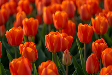 Orange yellow tulips flowers garden in spring.