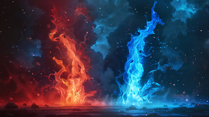 Fototapeta premium red fire and blue fire vector with cartoon style