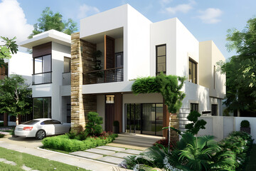 Modern contemporary illuminated house design exterior. Luxurious new construction home with panoramic windows, pool, patio