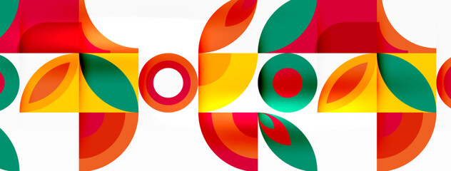 Obraz premium A vibrant design featuring a seamless pattern of colorful circles and rectangles on a white background, showcasing symmetry and colorfulness in visual arts