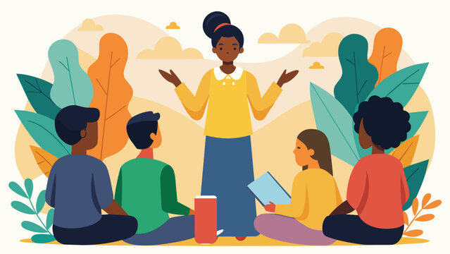 A facilitator leading a workshop on healing and forgiveness at a Juneteenth reconciliation event.. Vector illustration