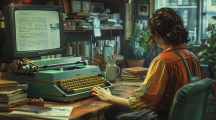 A woman is sitting at a typewriter in an office