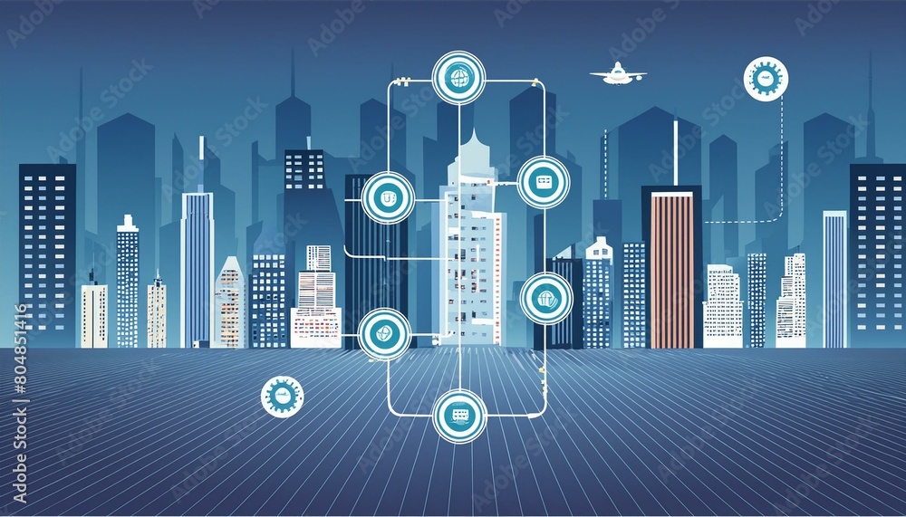 Poster concept of a decentralized autonomous organization with a modern city background...