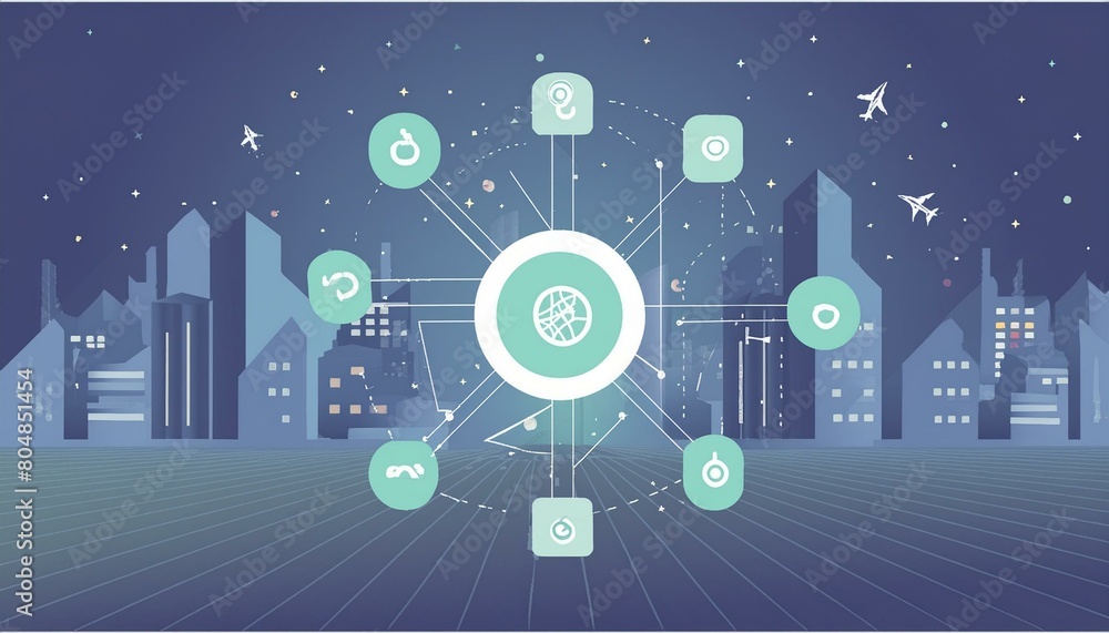 Poster concept of a decentralized autonomous organization with a modern city background...