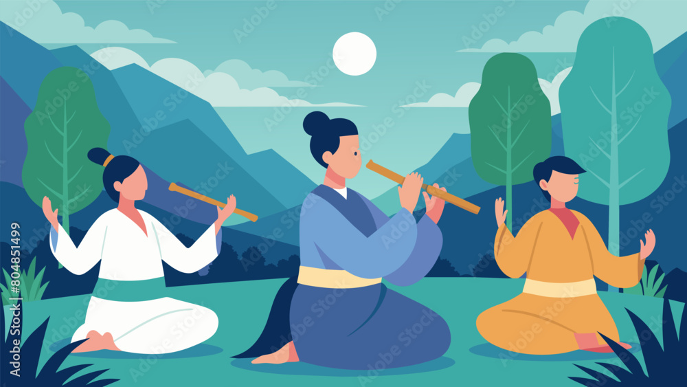 Aufkleber the sound of bamboo flutes and soft chanting as a class of individuals moves in unison practicing qi